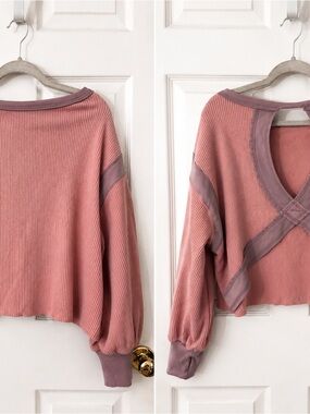Dusty Rose Ribbed Long Sleeve Top with Contrast Trim